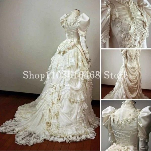 Ivory Fluffy Victorian Prom Dress High Neck Satin Bubble Long Sleeve Lace Pleated A-Line Medieval Duchess Abendkleid