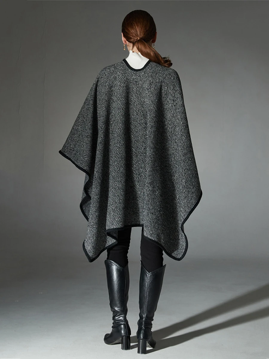 Simple Noble Black Stripes Comfort Wool Blends Coat Cape Fashion Versatile Autumn Winter Women Cloak Outerwear Loose