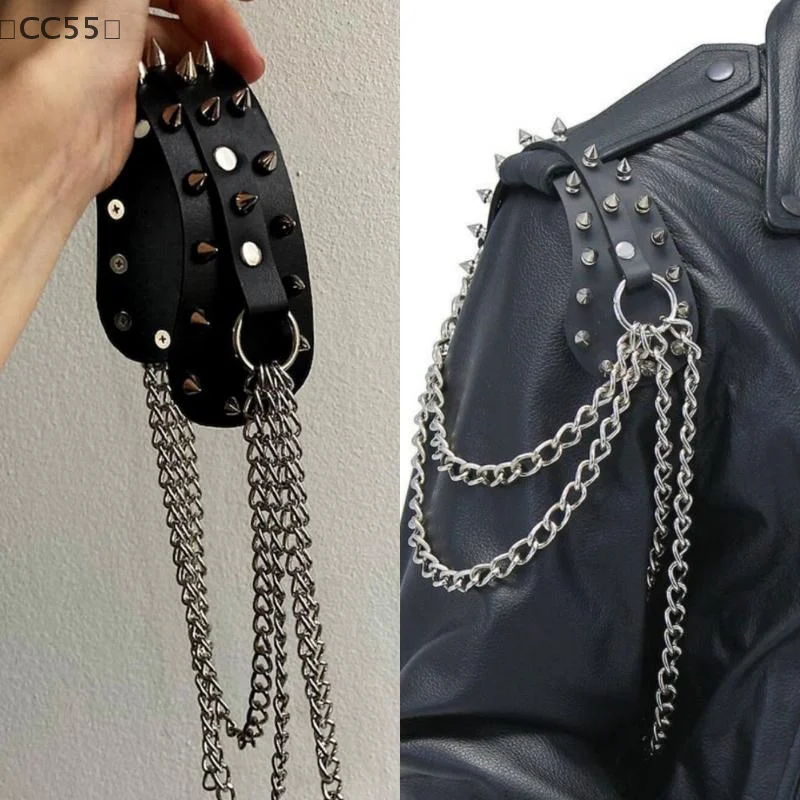 〔CC55〕Unisex Leather Shoulder Armor With Rivet Details And Chain Tassel Fashionable Metal Epaulet Accessories For Women Men