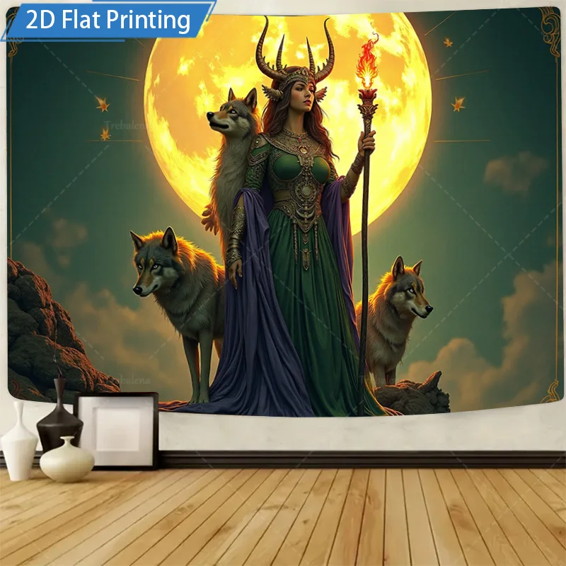 1pc Wall Tapestry "Mystic Moon Goddess with Wolves Fantasy Wall Tapestry"