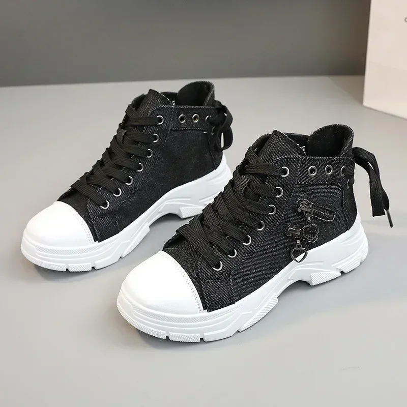 Luxury Brand Chunky Canvas Shoes for Woman Fashion Retro Light Blue Denim High-top Casual Shoes Outdoor Non-slip Sneakers Mujer