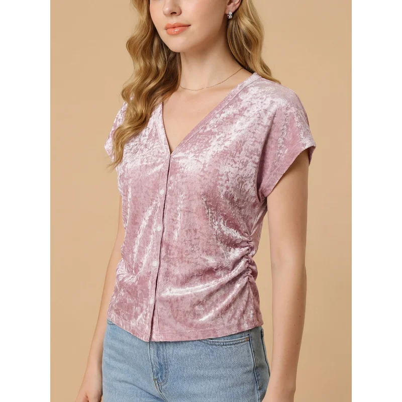 

Women's Velvet Short Sleeve Top | Button Front Ruched Side-Shirt | Soft Blouse | Versatile Party