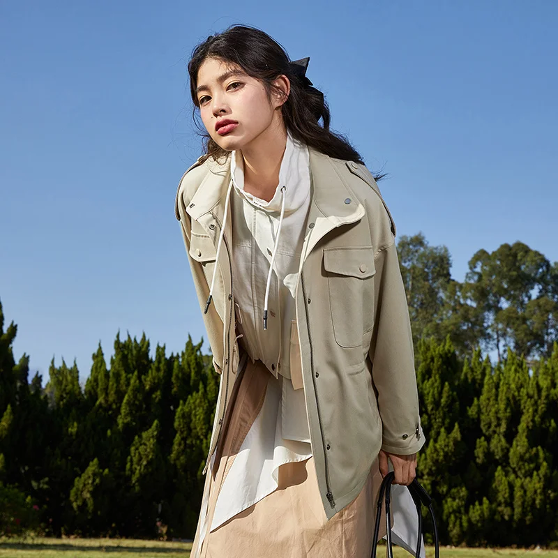 Semir Trench Coat Women Mid-Length Solid Tooling Style 2022 Spring New Oversize Stand Collar Waist Trench Coats Fashion