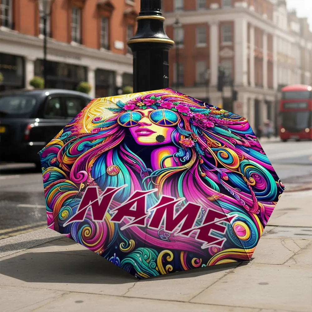 Custom Name umbrella Psychedelic Floral Woman with Peace Sunglasses Design Fashion Folding Umbrella for Daily Use, Gift
