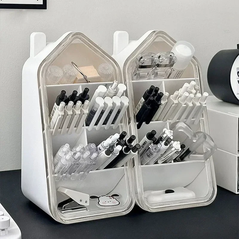 Desk Tilted Pen Holder Storage Box Transparent Cover Large Capacity Multi-compartment Office Stationery Organizer For Student