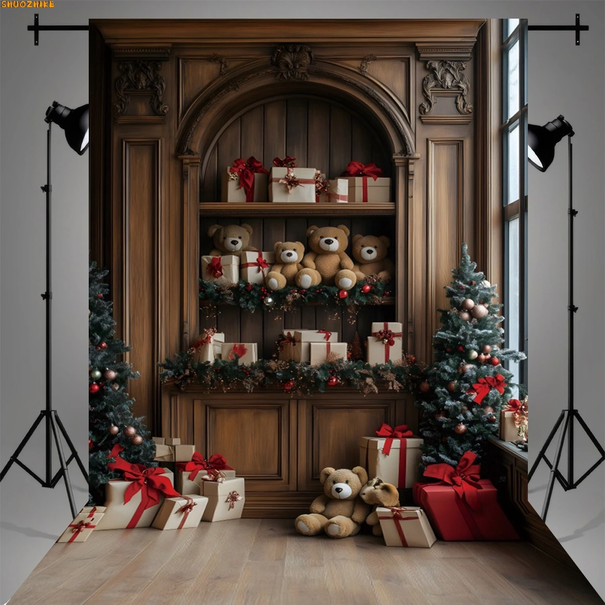 

Snowy Wooden Table Christmas Day Ornament Background Abstract New Year Party Halo Defocused Lights Photography Backdrops CV-02