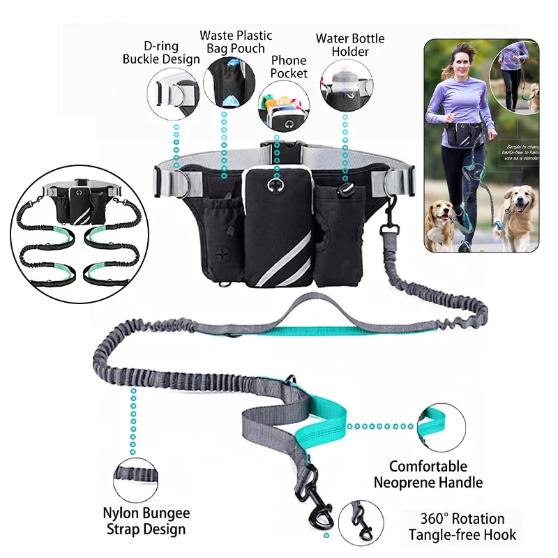 Sangle de promenade pour chien mains libres réfléchissante et antichoc avec sac de rangement, anti-emmêlement, pour un ou deux chiens