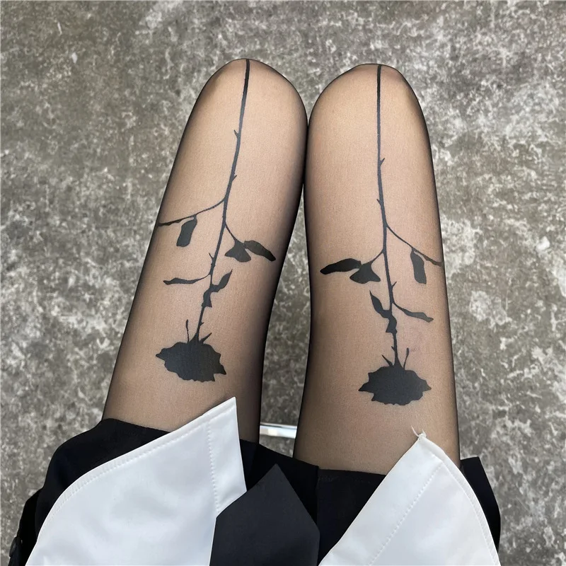 Sexy Women Pantyhose Tights Seamless Ultra-thin Velvet Silk Pantyhose Black Rose Print Tight Stocking Female Hosiery