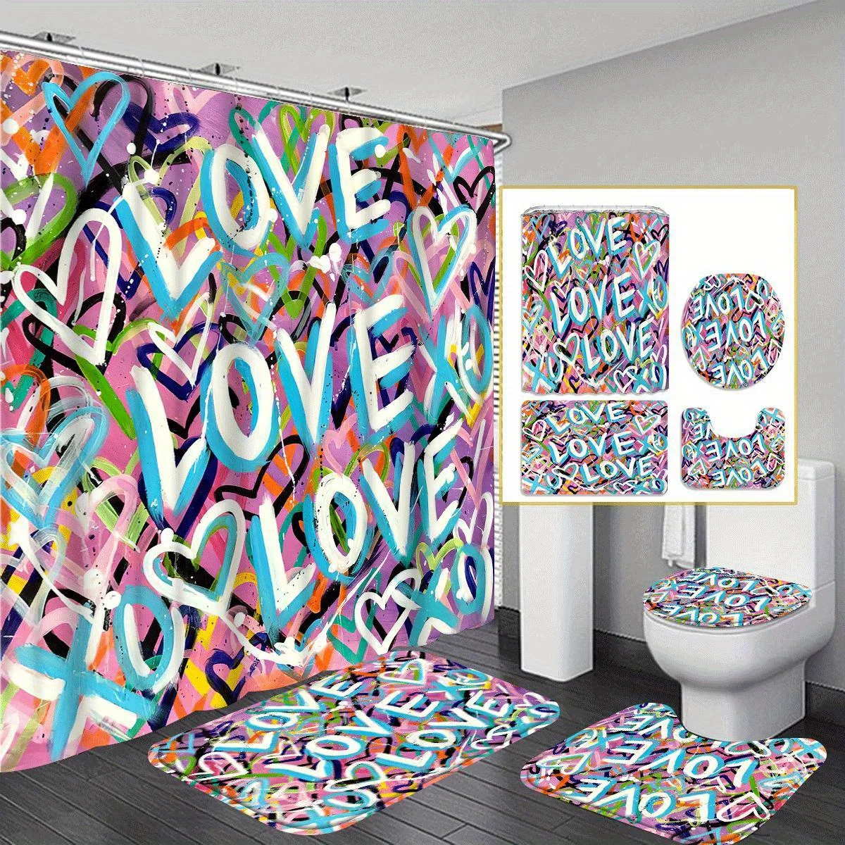 

4pcs LOVE Cartoon Character Shower Curtain Collection - 12 Hook Shower Curtain with Rug, Toilet Mat and Complete Bathroom