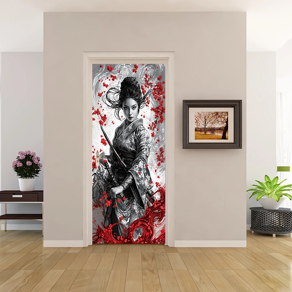1pcs Japanese Ukiyo-e Samurai Sword Geisha Door Stickers and Wind Cherry Blossom Decoration Stickers, Living Room Bedroom Entran