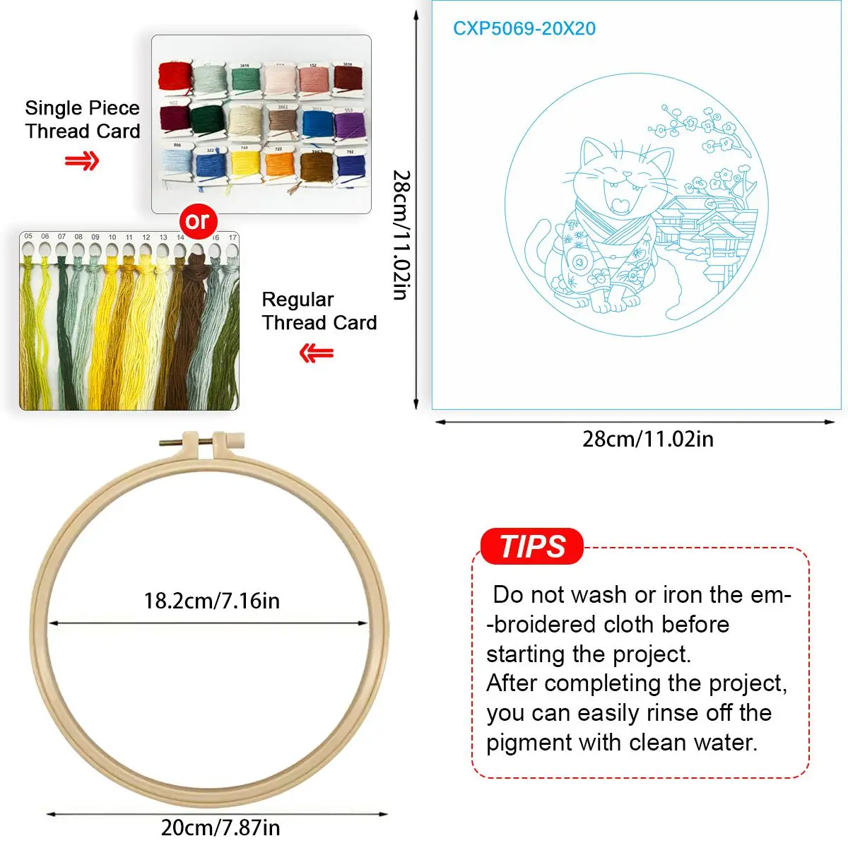 1 Stück 20X20CM/15X15CM 7,87/6,3 Zoll Japanisches Katzen-Stickerei-Starter-Kit DIY-Kit DIY-Stickerei-Set Handarbeiten – Detail 5