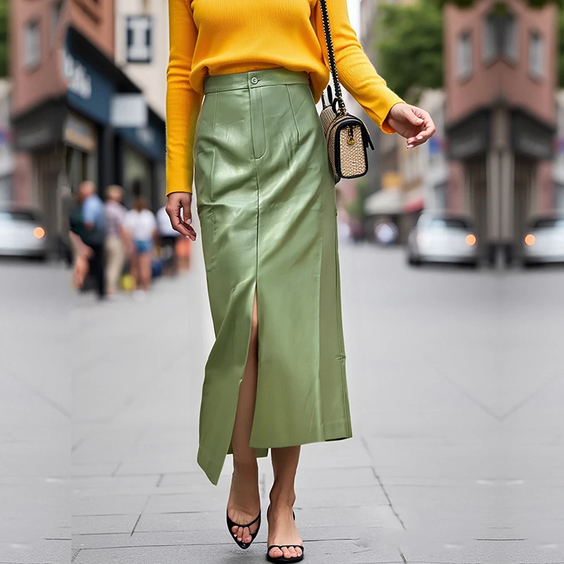

High Waist PU Leather Skirt Split Design Women's Faionable Long Wrap around Skirt Spring Autumn Season Ele Lady Sle