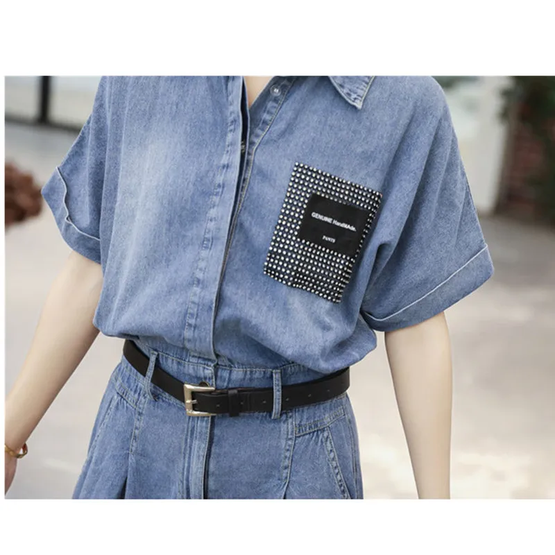 Short Sleeve Denim Shirt Dress 2023 Fashion Simple Summer Ladies Slim Denim A-Line Dress Elegant Temperament Casual Female Dress