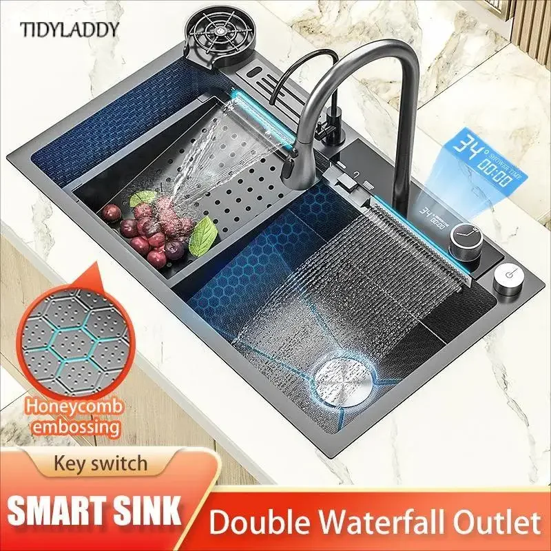 Double Waterfall Kitchen Sink Digital Display Kitchen Faucet Embossed Large Single Slot Stainless Steel Multifunctional Sink