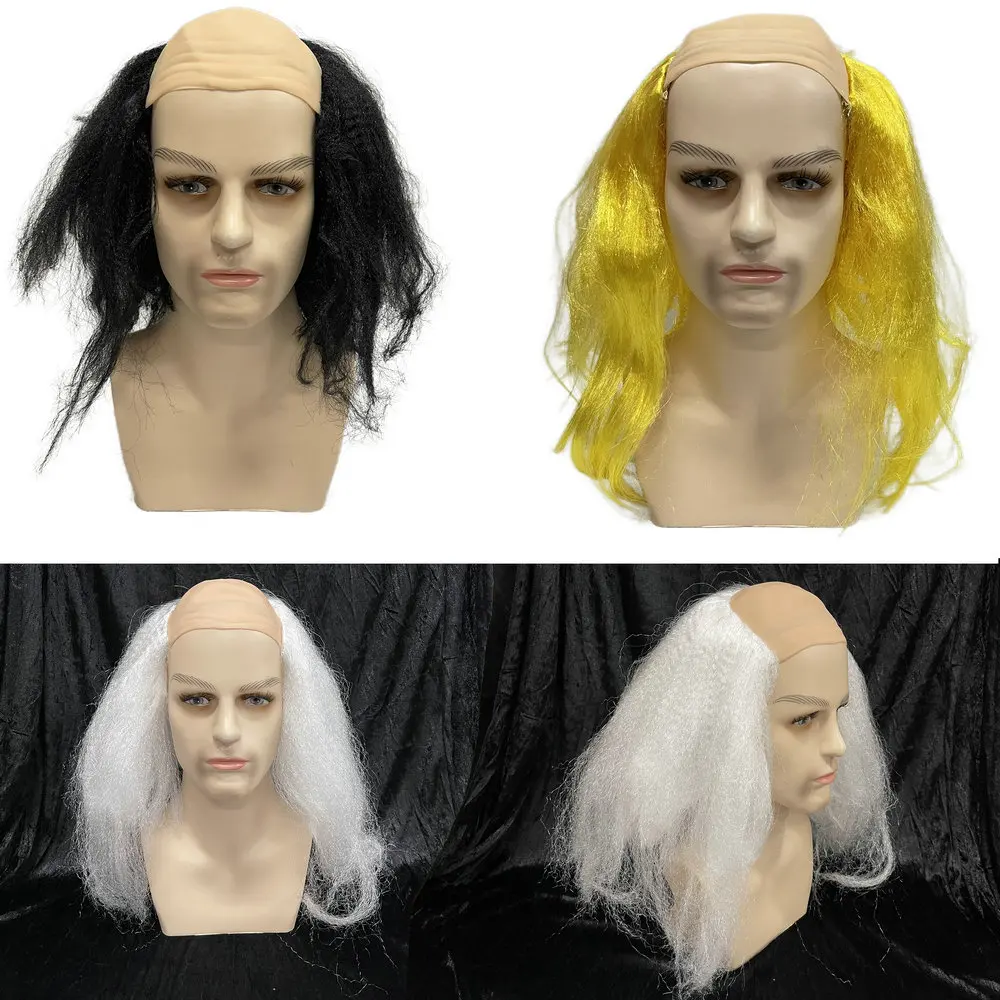 Wig pesta Prom liburan hiasan kepala gaun hiburan lucu Wig botak hitam kuning Wig putih alat peraga Cosplay