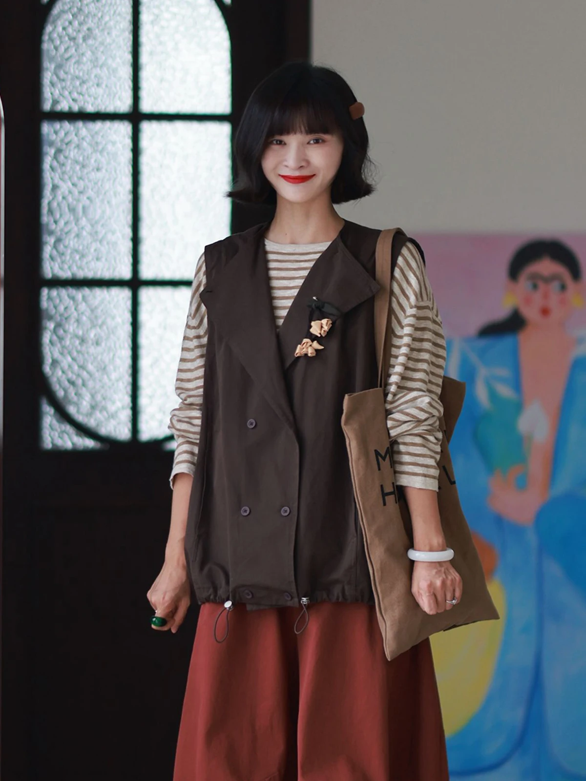 

Женский свободный жилет-кардиган из чистого хлопка, осенняя новинка, универсальная повседневная рабочая одежда для поездок на работу, цветной