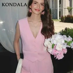 KONDALA 2025 Fall Winter Casual Solid Suits V Neck Sleeveless Single Breasted Vest+Fashion Elegant Mid Waist Wide Leg Pants Set