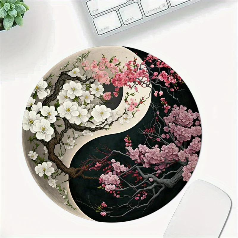 لوحة ماوس مستديرة من ساكورا اليابانية، حصيرة مكتب تاي تشي صغيرة غير قابلة للانزلاق من المطاط للمكتب والمنزل لمكتب الكمبيوتر المحمول