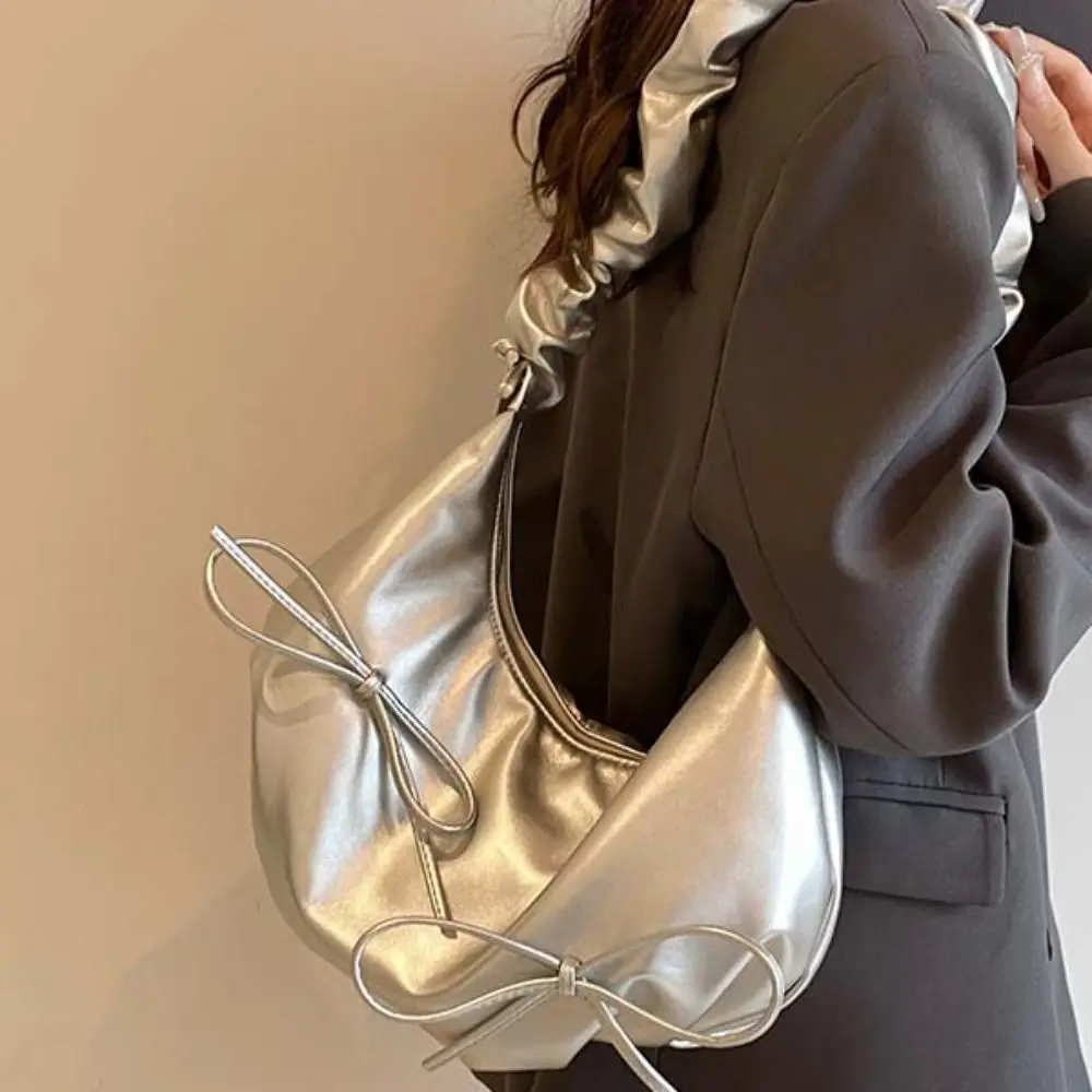 

Korean Style Pleated Bow Tote Bag Handbag Solid Color PU Shoulder Bag Minority Design Pleated Strap Underarm Bag Outdoor