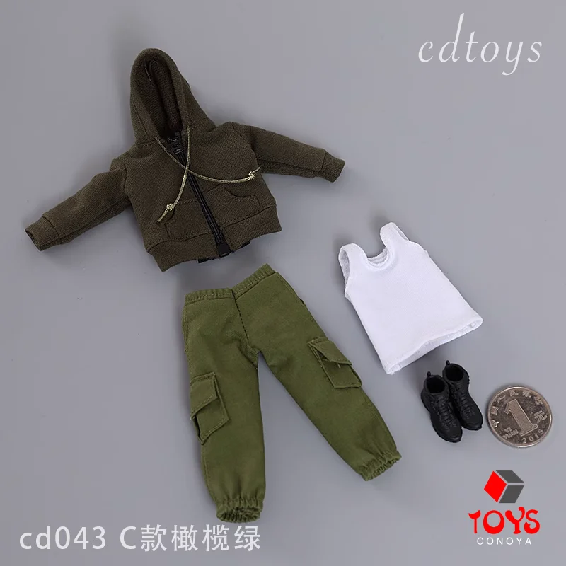 재고 cdtoys cd043 캐주얼 지퍼 후드 재킷, 대형 포켓 작업 바지, 옷 모델에 맞는 6 인치 액션 피규어 인형, 1/12 체중계