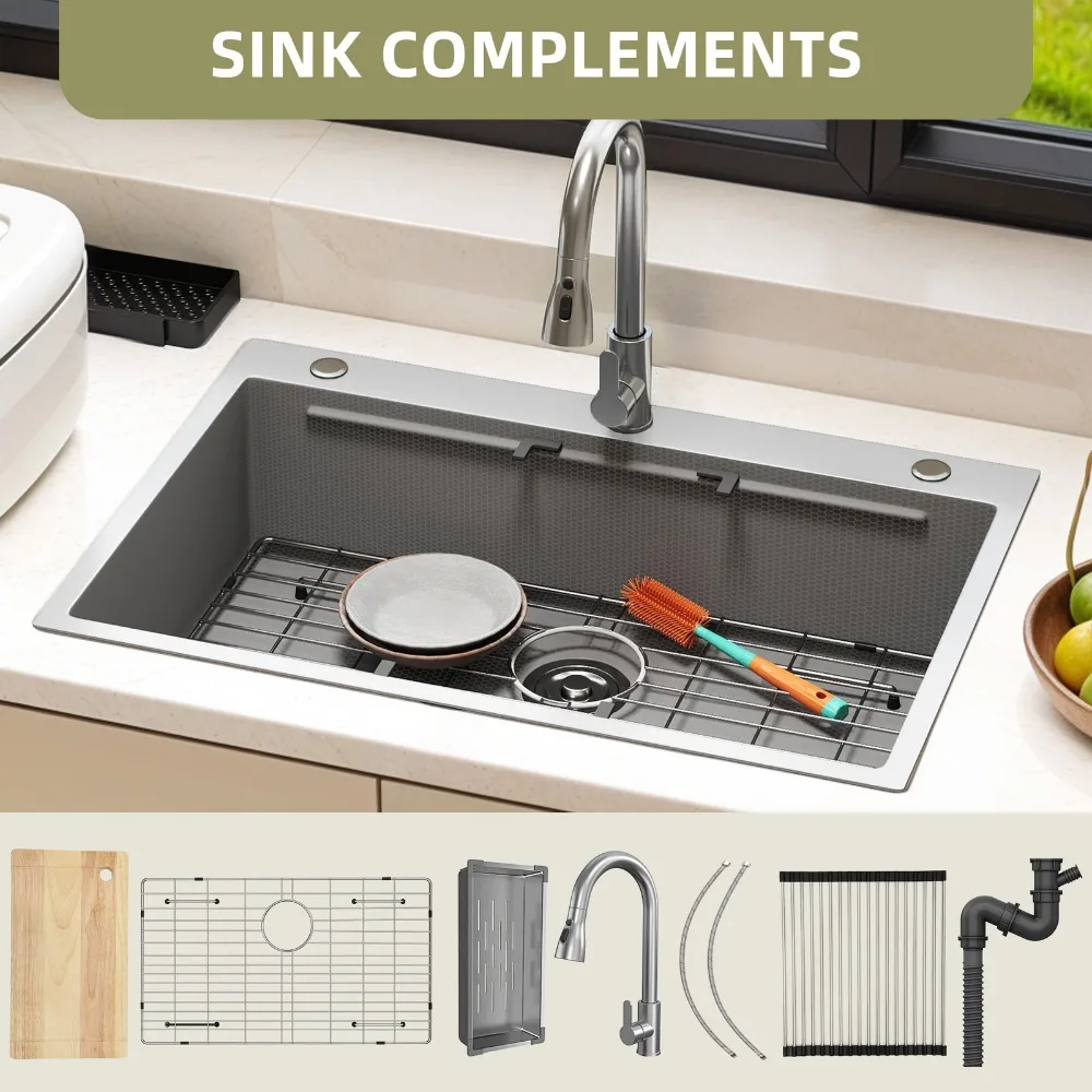 

Drop-In Kitchen Sink 33" Stainless Steel Top Mount Pull Out Faucet Single Bowl