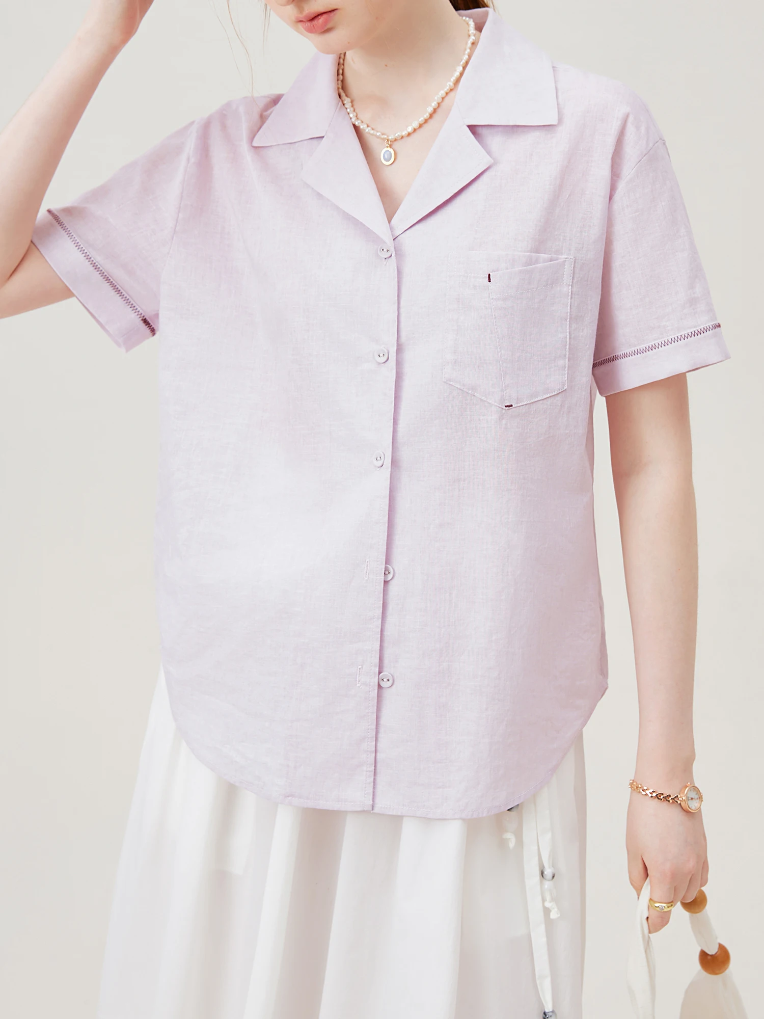 FSLE Women Cotton Linen Shirts Summer New Light Purple Short Sleeve Blouses Turn-down Collar Single Breasted Tops 24FS18075