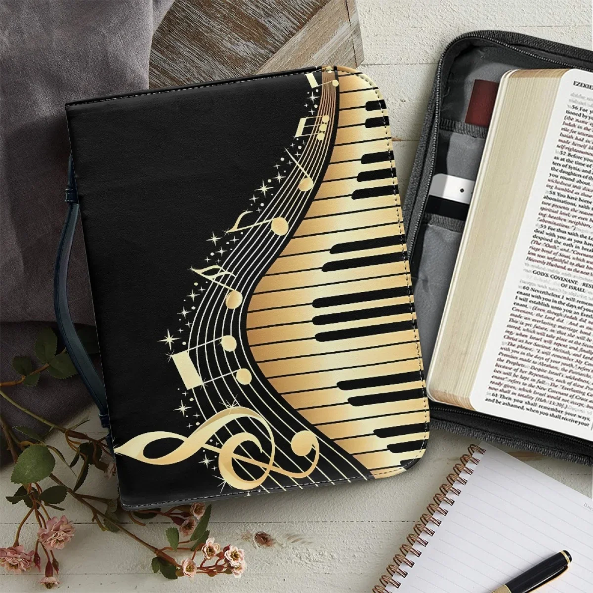 New Bible Storage Bag Bible Study Holy Cover Case Retro Piano Key and Note Carry Bag Protective Leather Handbag Book Storage Bag