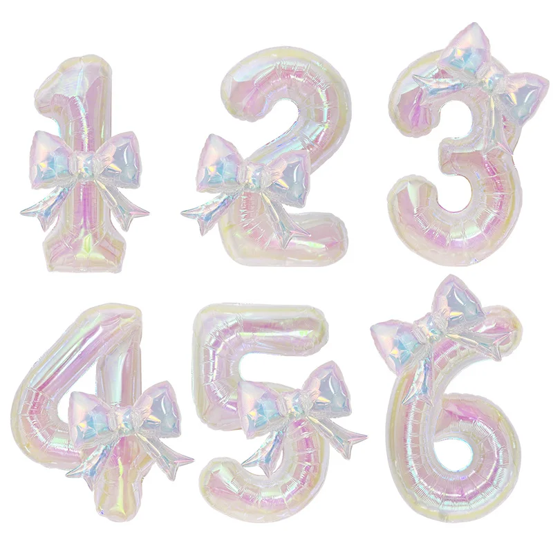 

Iridescent Bow Number Foil Balloons Holographic 0-9 Digit Mylar Balloons Kids Birthday Wedding Anniversary Party Decor Supplies