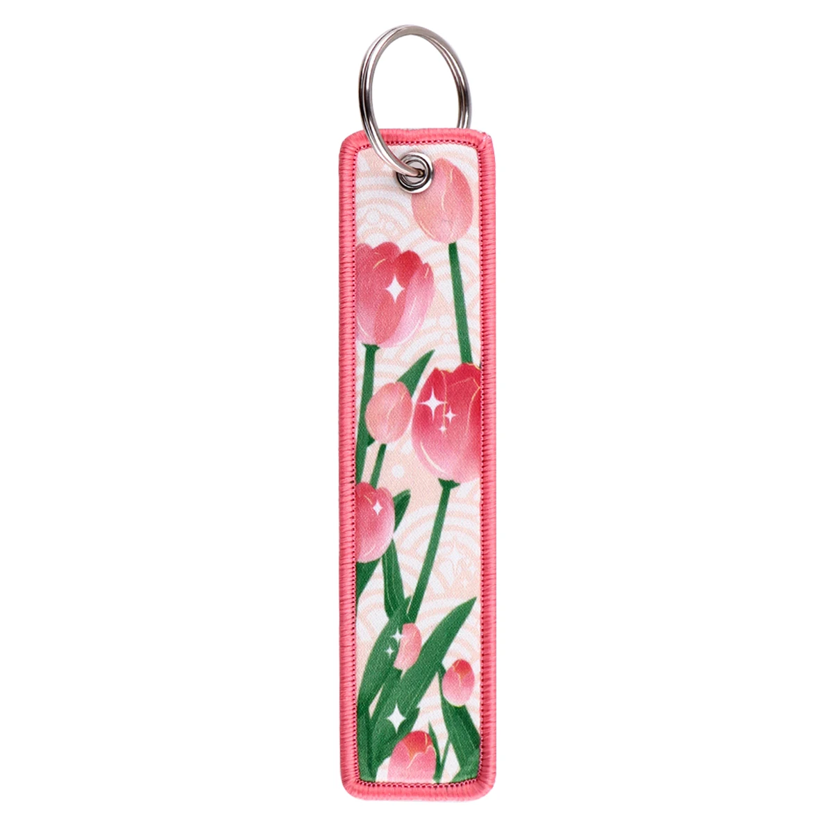 Pink Tulip Embroidered Cool Key Tag Keychains Women Cute Keychain for Car Motorcycles Keys Keyring Men Holder Jewelry Gifts 1PCS