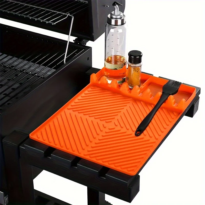 Alas Silikon untuk Meja Dapur Barbekyu Luar Ruangan, Alas Sekop Silikon Besar dengan Bantalan Tetes, Rak Penyimpanan Alat Barbekyu