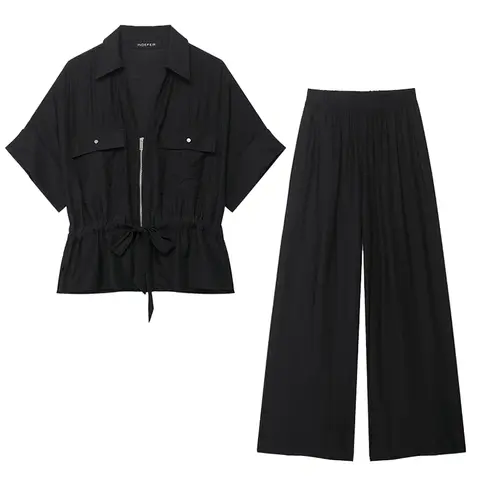 Set med vida ben, 2-delade set för kvinnor, outfits 2025, nytt mode, kortärmad skjorta, damkostym, casual, tvådelat set 12 best sales Zara 2-delat set - №8