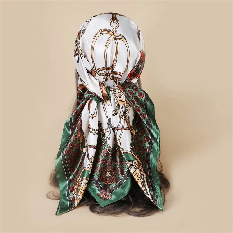 2024 Luxury Brand Bandana Silk Square 90*90cm Scarf Women Satin Shawl Wrap Hijab Female Scarves Hair Band Wrist Headkerchief