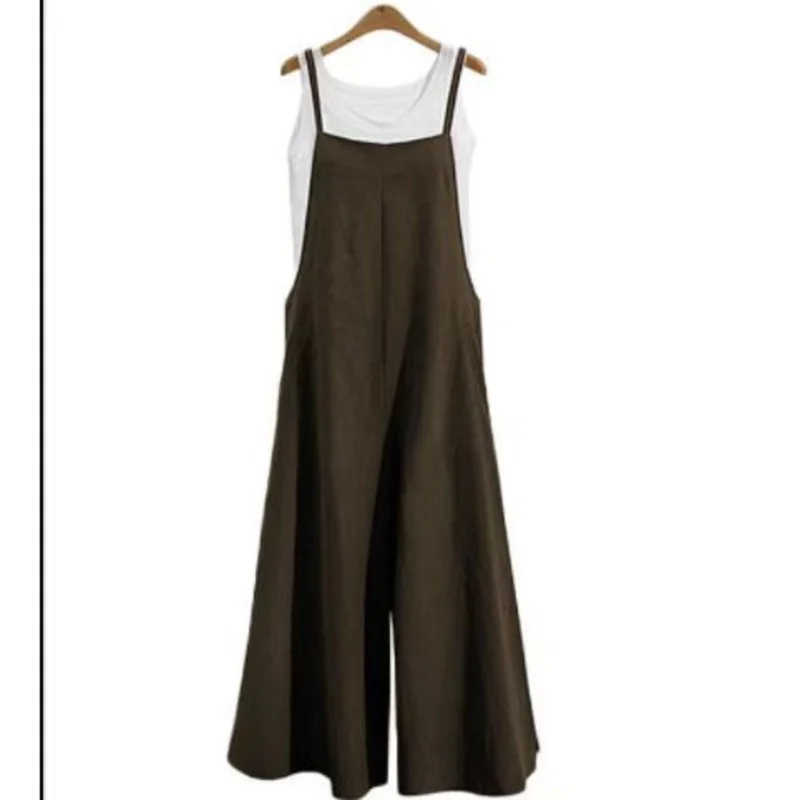 Casual Women Cotton And Linen Rompers Female Loose Strap Slip Trousers Solid Color Wide Leg Pants Pockets Ladies Jumpsuit 5XL