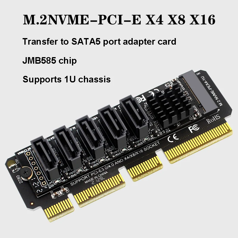 M.2 NVME PCI-E Riser Card 5 Ports Adapter Card M2 NVME B-Key 6Gbps SSD to SATA3.0 Expansion Card JMB585 for Desktop PC Computer