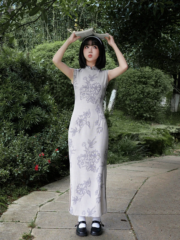 

Молодежное однослойное традиционное китайское платье-ципао для студенток, повседневное, дышащее, длинное, с цветочным узором