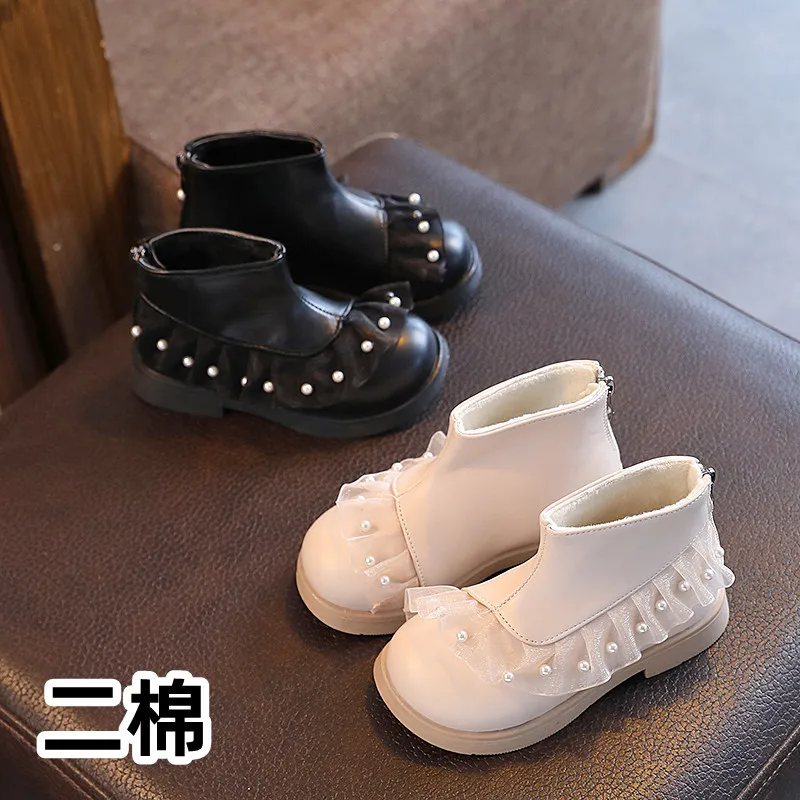 

Winter & Spring Fashion Girls Children Boots With Short Plush Princess Leather Shoes Soft Sole Pearl Size 26-36