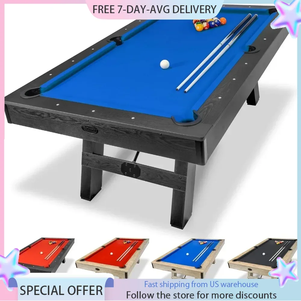 7 Ft Pool Table with Wood Finish - Modern Billiards Table with 2 Cue Sticks, Balls, Rack, Felt Brush and Chalk Pool Table