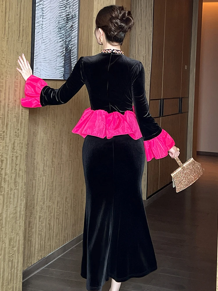 ชุดเดรสยาวสีดำ คอทรงโอ แต่งระบาย ทรงเข้ารูป สไตล์หรูหรา สำหรับผู้หญิง แฟชั่นงานปาร์ตี้ งานพรอม ชุดราตรี ชุดออกงาน  แบบใหม่