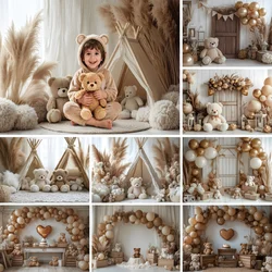 Boho Grey Tent Bear Photography Background Wooden Door Balloons Arch Newborn Kids Birthday Party Cake Smash Decor Photo Backdrop