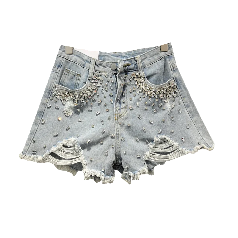 Imagem -03 - Shorts Jeans de Diamante Rasgado Feminino Cintura Alta Bainha Fina Pernas Largas Calça Quente Moda de Rua Verão Novo 2024