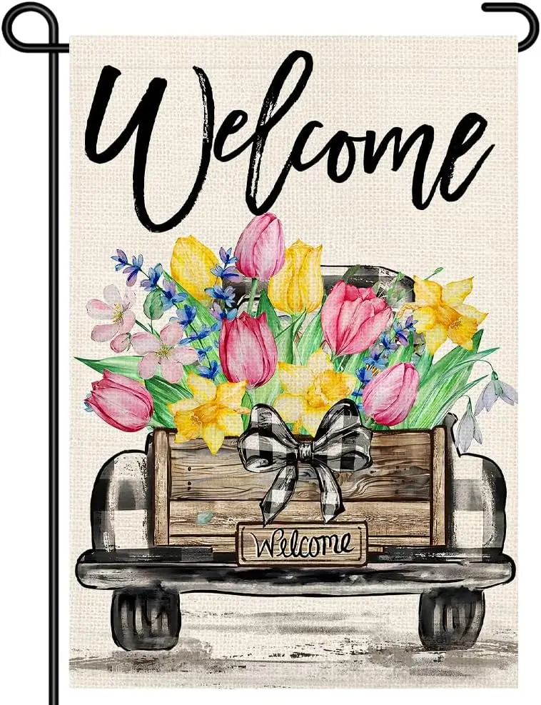 Spring Garden Flag 12x18, Welcome Vintage Truck with Flowers Yard Small Flag, Double Sided Burlap Outdoor Spring Décor for P MMZ