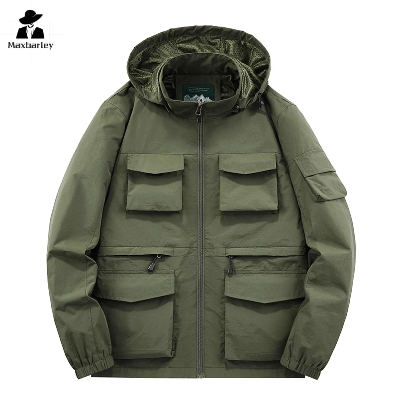 Workwear Jacket Men's Spring and Autumn Casual Thin Multi-pocket Hooded Windbreaker Outdoor Waterproof plus size Sports Jacket