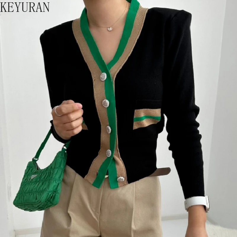 2024 Autumn Striped Sweater Women Korean Chic Color Matching Button V-neck Slim Long Sleeve Crop Top Y2k Knitted Cardigan Jacket