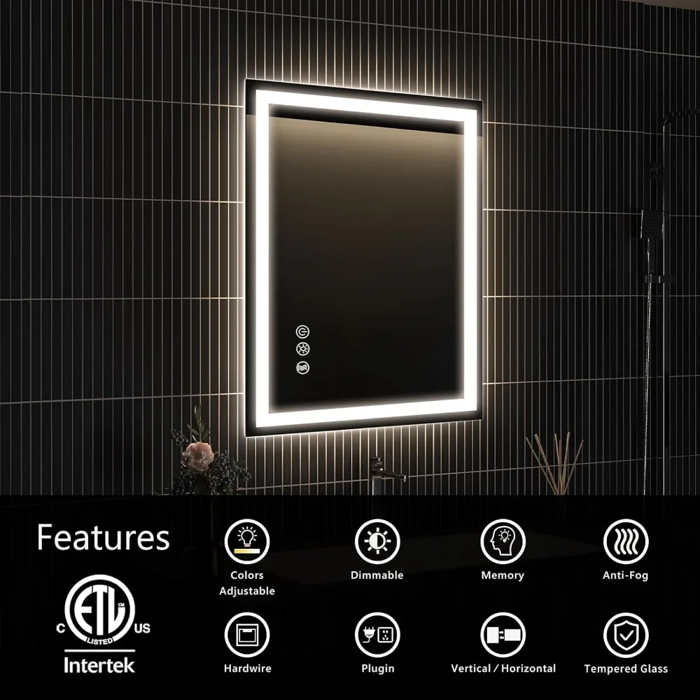 20x28 Inch LED-Illuminated Bathroom Mirror with Front and Back Lighting, 3-Color Makeup Mirror, Memory Function, and Anti-Fog Te