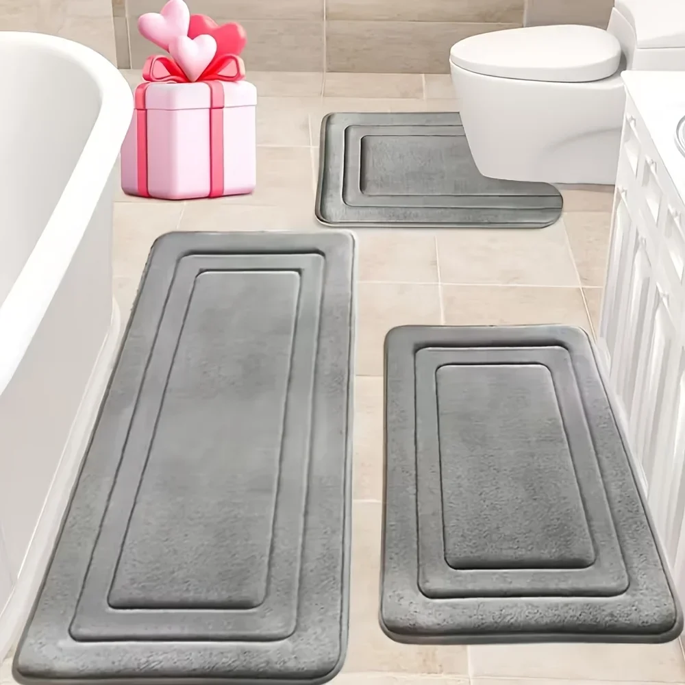 3Pcs Thick Sponge Bathroom Mats Set, Super Absorbent Non‑Slip Bath Rugs, Soft Shower Floor Mats for Bathroom Home Decoration