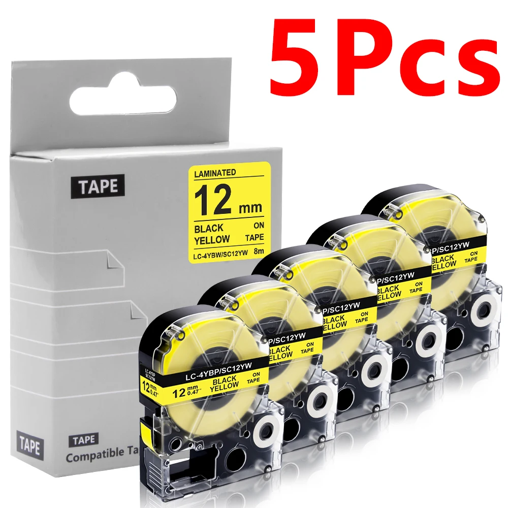 5PK 6/9/12mm Labels Compatible for Epson SS12KW LC-4WBN SS9KW SS6KW tape Black on White for Epson Kingjim LW-300 LW-400 Printer