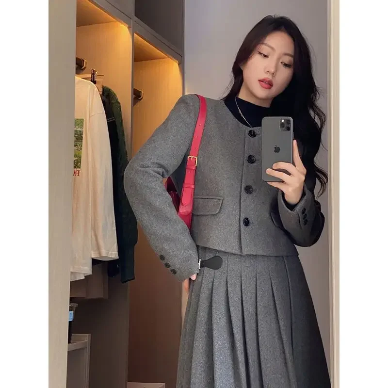 UNXX Autumn/winter British Style Round Neck Woolen Blazer + Pleated Skirt Suit Retro Casual Woolen Coat Skirt Two-piece Suit