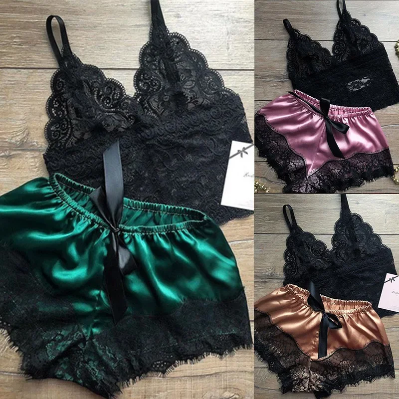 الدانتيل ملابس خاصة مجموعة للنساء مثير شفافة بلوزات بلا اكمام الحرير السراويل منامة ملابس نوم S-3XL الإناث الملابس الداخلية ملابس للنوم