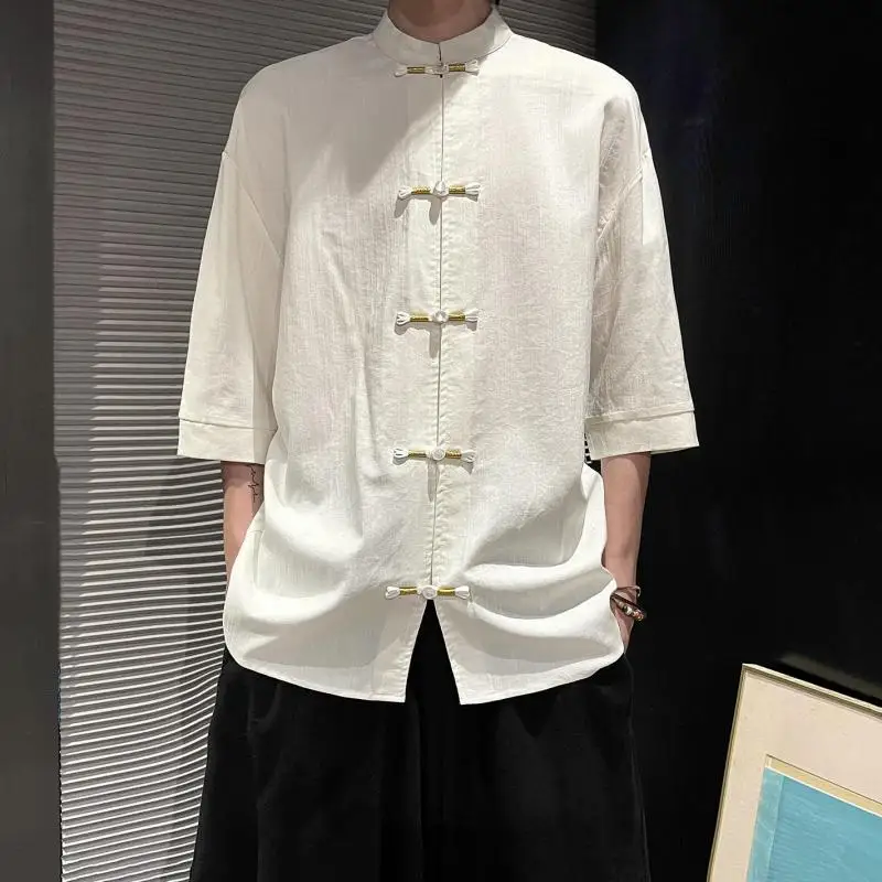 

M-XXXXXL Plus Size Men's Chinese Style Solid Color Hanfu Shirt Stand Collar Short Sleeve Single Breasted Casual Top 5XL 4XL 3XL