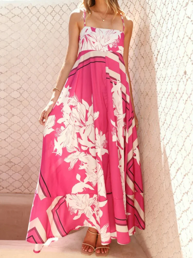

Square Collar Print Patchwork Maxi Dress, Women Summer Spaghetti Strap Chic Party Dress, Sleeveless Simple Elegant Ladies Dress